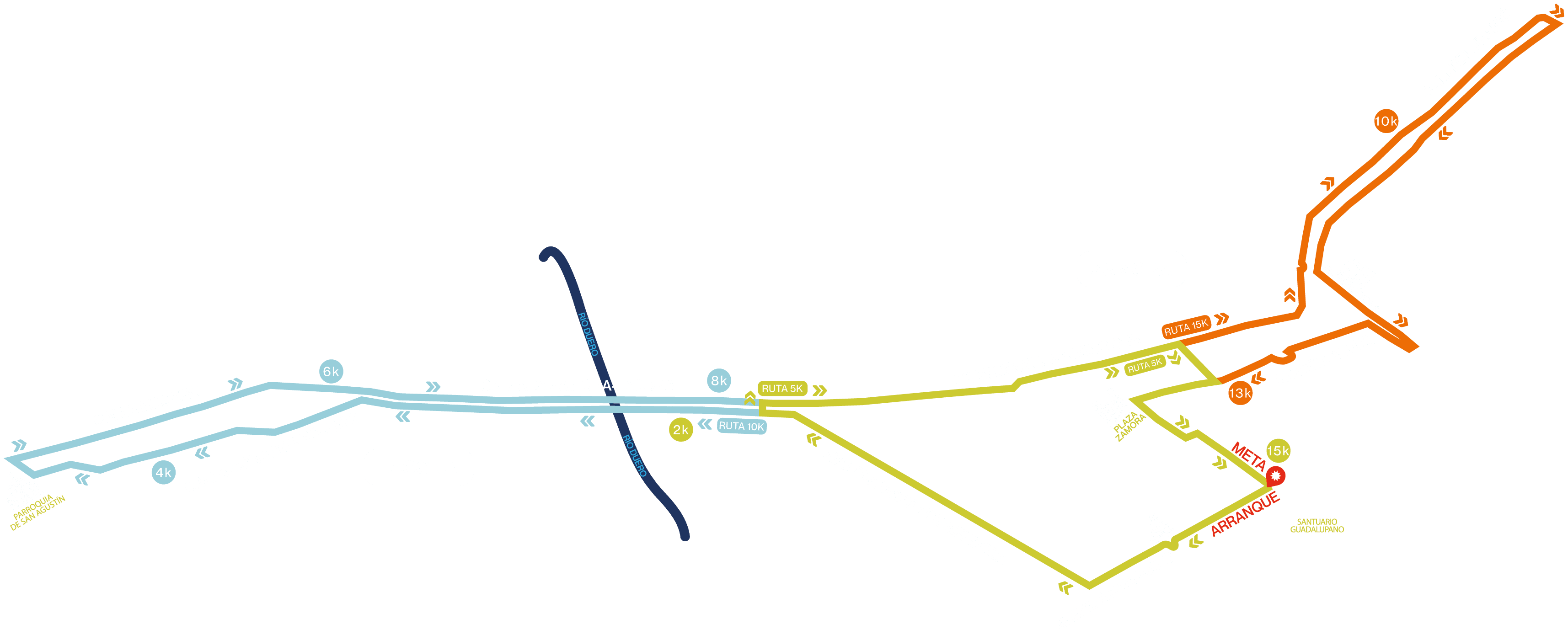 Plano de las rutas de 5K, 10K y 15K. Arranque y meta en el Santuario Guadalupano de Zamora.